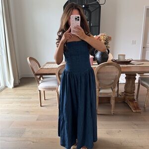 ZARA Strapless Denim Basque Waist Midi Dress